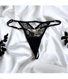 String noir avec bijou perle & strass dorés - PA06MBLK